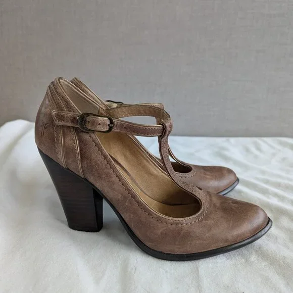 RARE Frye Brown T-strap Leather Pumps Distressed-style Vintage-inspired heels - Picture 5 of 11